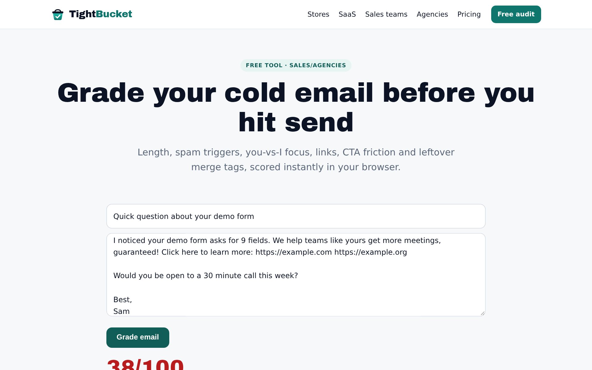Cold Email Grader: spam triggers, leftover merge tags, link count and CTA friction.