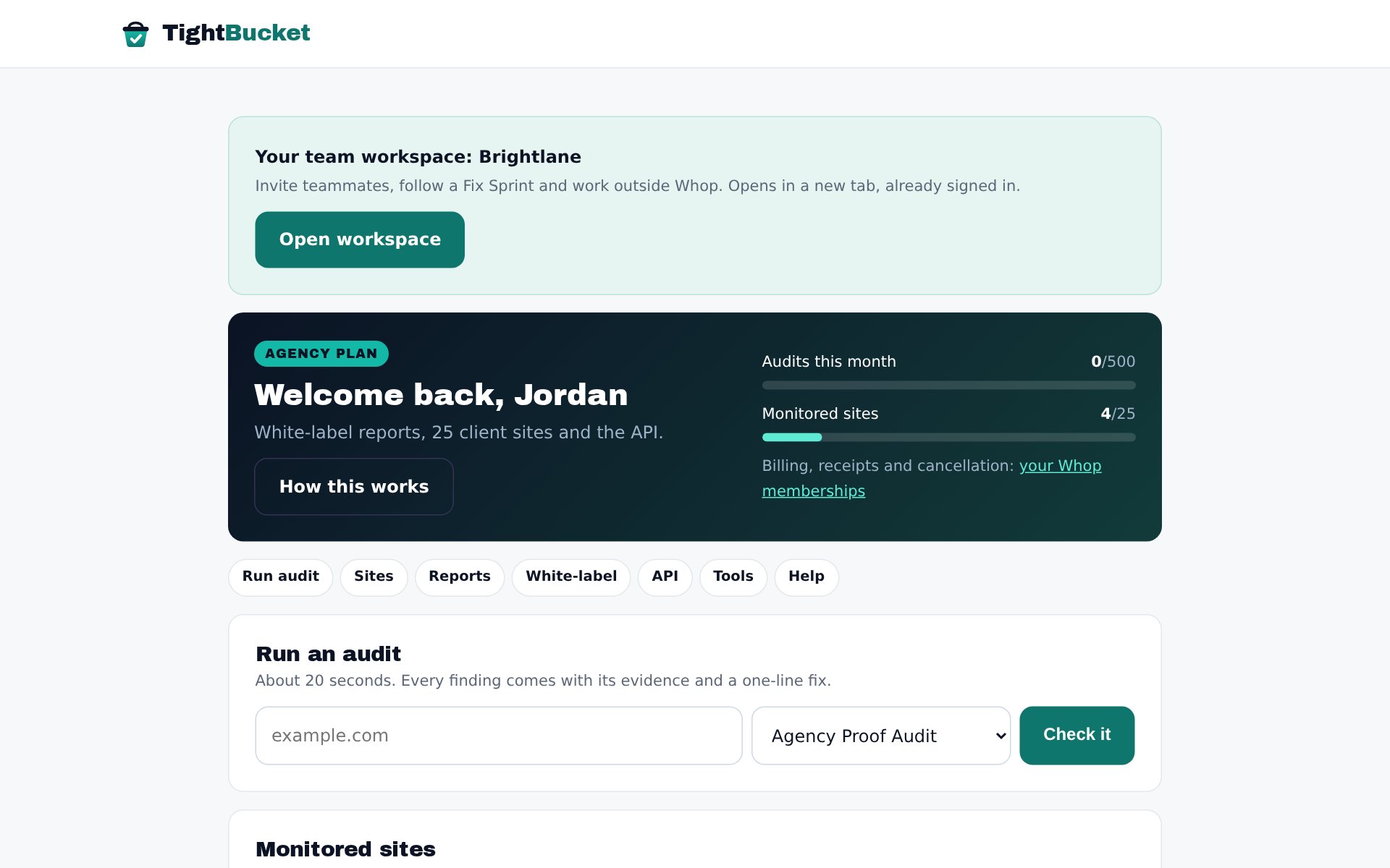 Monitored sites with their latest score, last check and report link.