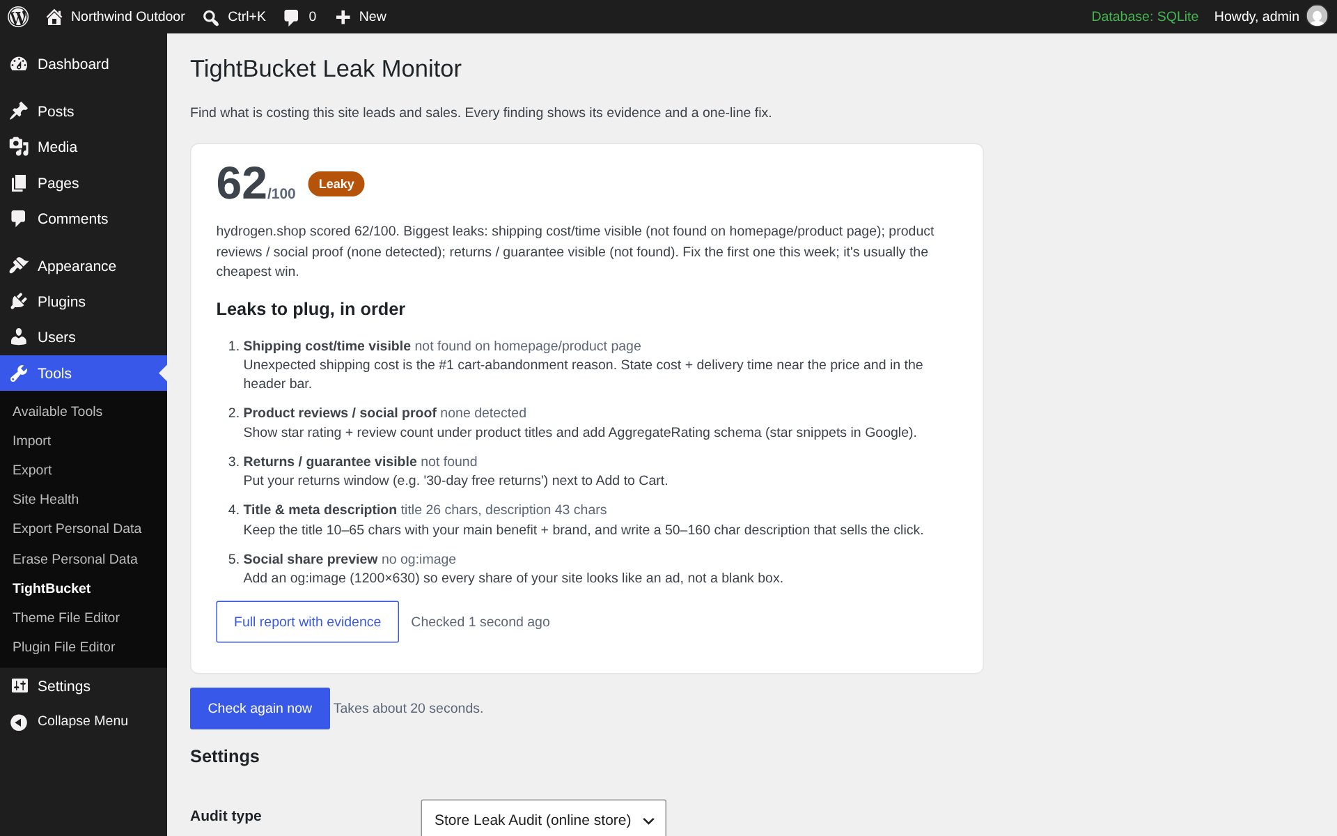 Tools → TightBucket in a real WordPress 7.1 install.